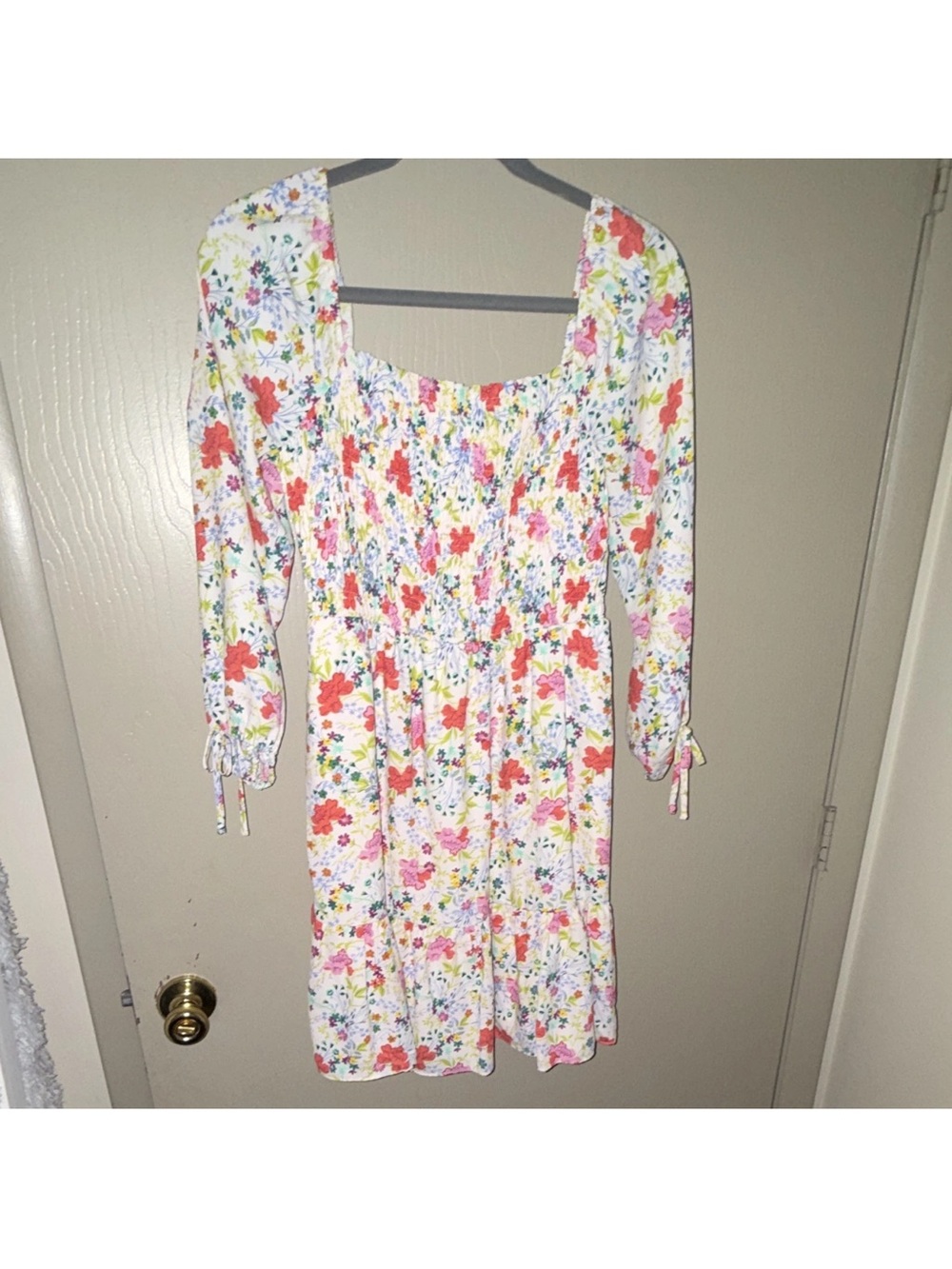 LC Lauren Conrad White Floral Smocked Dress with Pink, Coral & Green Accents